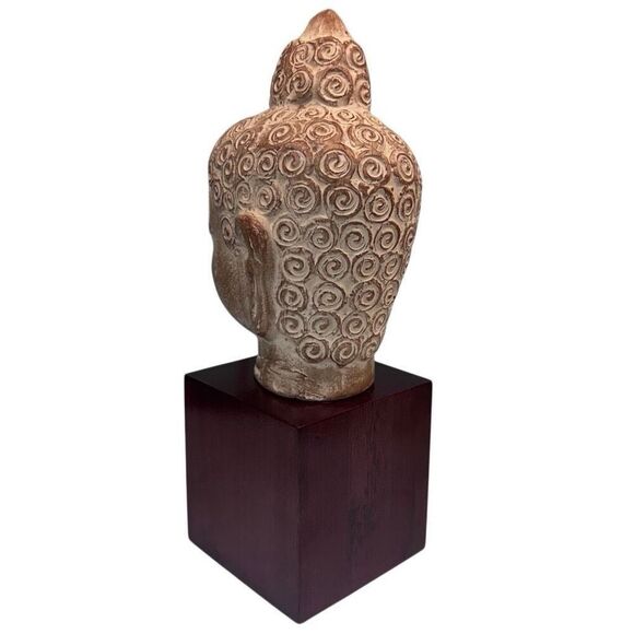 Buddha Head Ceramic Statue On A Wood Stand 12" Brown Tan Square Cube Base - Picture 9 of 14